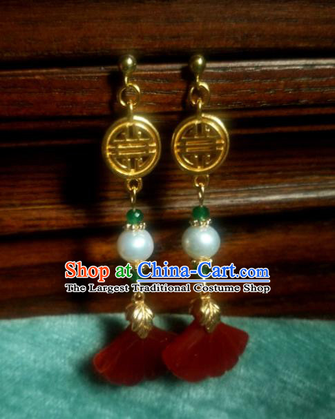 China Traditional Red Ginkgo Leaf Earrings Ancient Ming Dynasty Golden Ear Jewelry