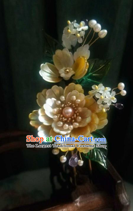 Chinese Handmade Yellow Shell Peony Hairpin Traditional Ming Dynasty Osmanthus Hair Stick