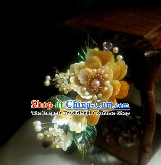 Chinese Handmade Yellow Shell Peony Hairpin Traditional Ming Dynasty Osmanthus Hair Stick