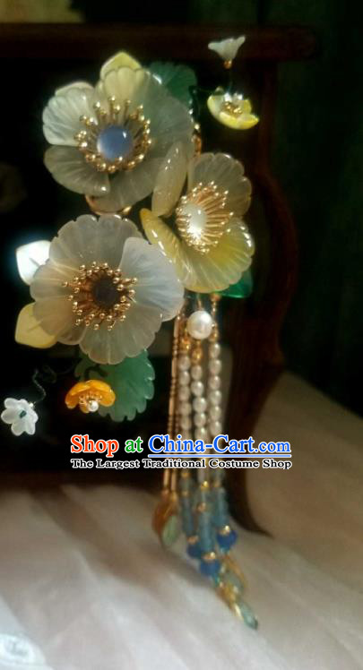 Chinese Handmade Shell Flowers Hairpin Traditional Ming Dynasty Pearls Tassel Hair Stick