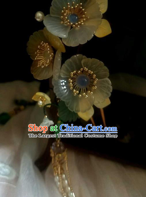 Chinese Handmade Shell Flowers Hairpin Traditional Ming Dynasty Pearls Tassel Hair Stick