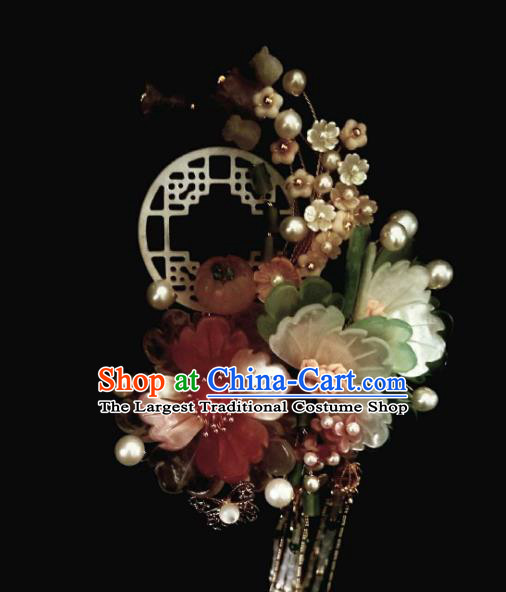 Chinese Handmade Beads Tassel Hairpin Traditional Ming Dynasty Princess Shell Peony Hair Stick
