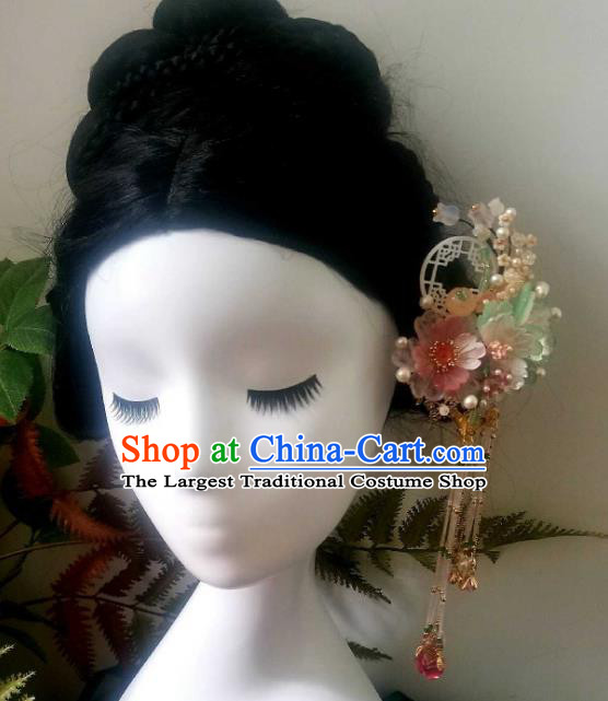 Chinese Handmade Beads Tassel Hairpin Traditional Ming Dynasty Princess Shell Peony Hair Stick