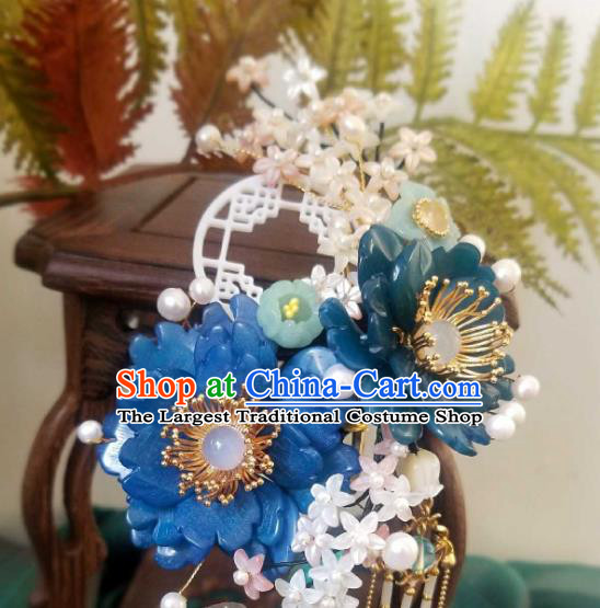 Chinese Handmade Blue Shell Peony Hairpin Traditional Ming Dynasty Princess Osmanthus Tassel Hair Stick