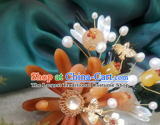 Chinese Handmade Ceregat Pearls Hairpin Traditional Ming Dynasty Princess Red Chrysanthemum Hair Stick