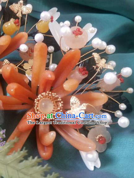 Chinese Handmade Ceregat Pearls Hairpin Traditional Ming Dynasty Princess Red Chrysanthemum Hair Stick