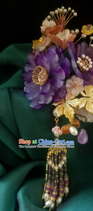 Chinese Handmade Purple Peony Hairpin Traditional Ming Dynasty Princess Pearls Tassel Hair Clip