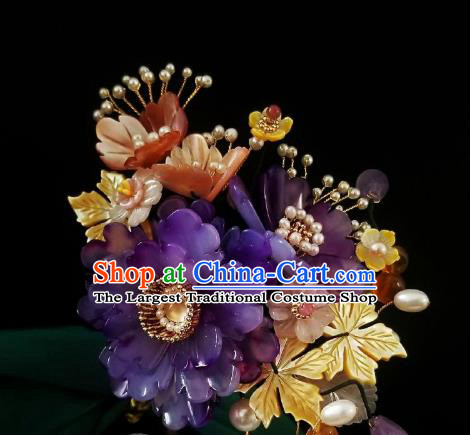 Chinese Handmade Purple Peony Hairpin Traditional Ming Dynasty Princess Pearls Tassel Hair Clip