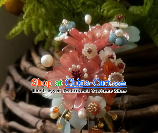 Chinese Handmade Jade Plum Hairpin Traditional Song Dynasty Princess Pink Peony Pearls Hair Clip