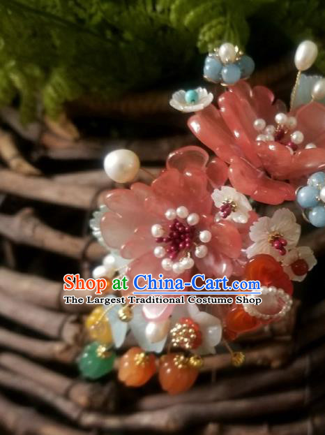 Chinese Handmade Jade Plum Hairpin Traditional Song Dynasty Princess Pink Peony Pearls Hair Clip