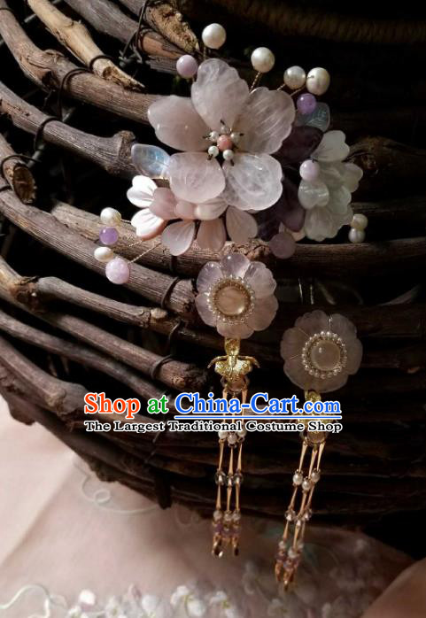 Chinese Handmade Peach Blossom Tassel Hairpin Traditional Song Dynasty Princess Rose Quartz Hair Stick