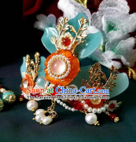 Chinese Handmade Pearls Hairpin Traditional Song Dynasty Princess Orange Chalcedony Hair Crown