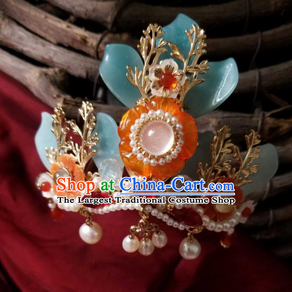 Chinese Handmade Pearls Hairpin Traditional Song Dynasty Princess Orange Chalcedony Hair Crown