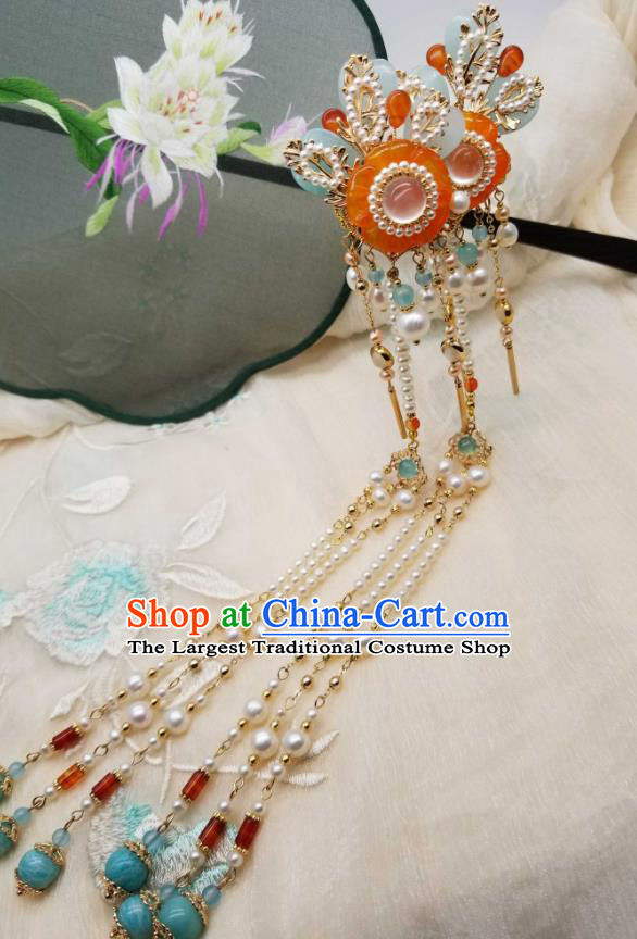 Chinese Handmade Pearls Tassel Hairpin Traditional Song Dynasty Princess Orange Chalcedony Plum Hair Stick