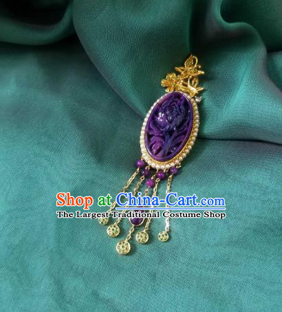 China Traditional Carving Peony Necklace Pendant Accessories Handmade Amethyst Tassel Necklet