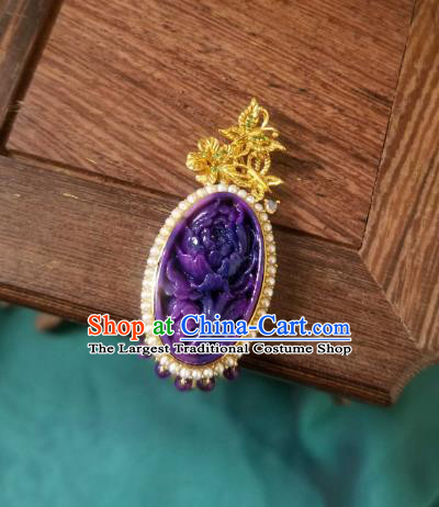 China Traditional Carving Peony Necklace Pendant Accessories Handmade Amethyst Tassel Necklet