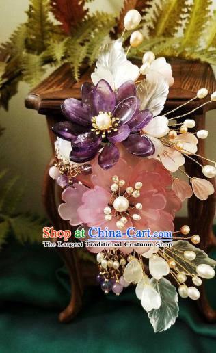 Chinese Handmade Shell Flowers Hairpin Traditional Ming Dynasty Princess Purple Lotus Hair Stick