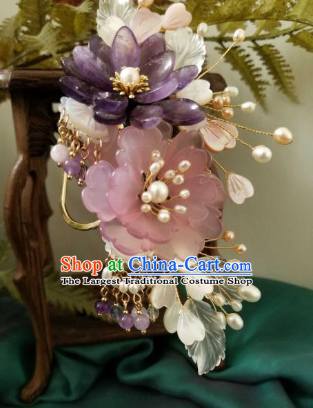 Chinese Handmade Shell Flowers Hairpin Traditional Ming Dynasty Princess Purple Lotus Hair Stick