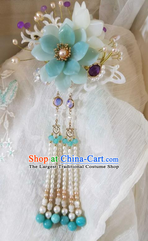 Chinese Handmade Blue Flower Hairpin Traditional Ming Dynasty Princess Amazonite Tassel Hair Stick