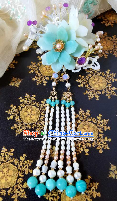 Chinese Handmade Blue Flower Hairpin Traditional Ming Dynasty Princess Amazonite Tassel Hair Stick