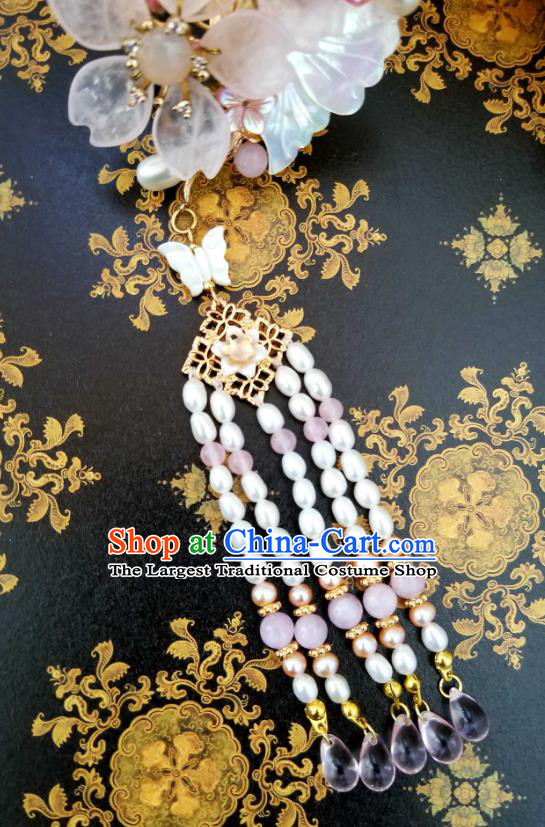 Chinese Handmade Rose Quartz Tassel Hairpin Traditional Ming Dynasty Princess Cherry Blossom Hair Stick