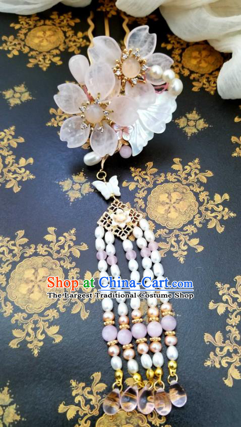 Chinese Handmade Rose Quartz Tassel Hairpin Traditional Ming Dynasty Princess Cherry Blossom Hair Stick