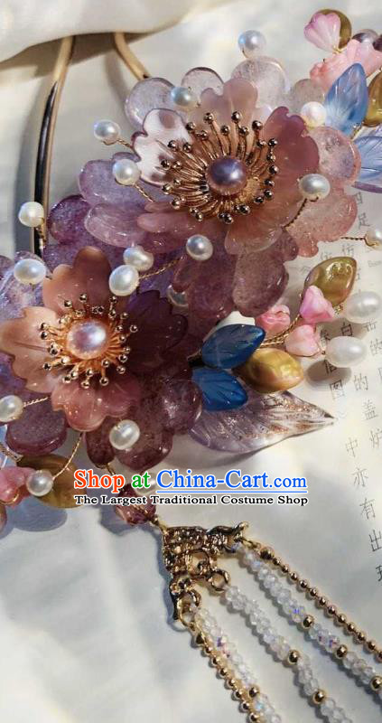 Chinese Handmade Rose Quartz Peony Hair Stick Traditional Ming Dynasty Princess Pearls Tassel Hairpin