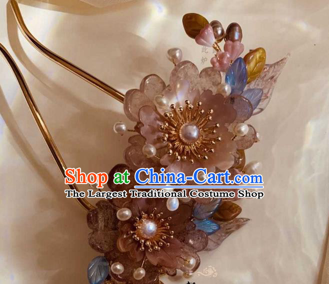 Chinese Handmade Rose Quartz Peony Hair Stick Traditional Ming Dynasty Princess Pearls Tassel Hairpin