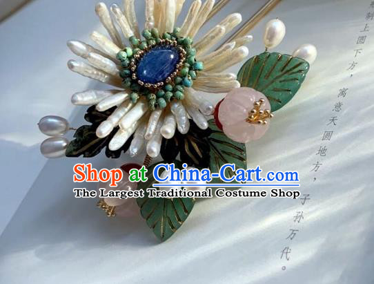 Chinese Handmade Shell Chrysanthemum Hair Stick Traditional Ming Dynasty Princess Rose Quartz Hairpin