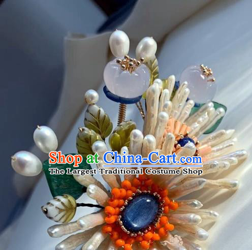 Chinese Handmade Coral Hair Stick Traditional Ming Dynasty Princess Shell Chrysanthemum Hairpin