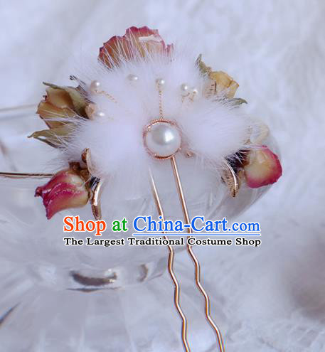 Chinese Handmade Flowers Hairpin Traditional Ming Dynasty Princess Fur Hair Stick