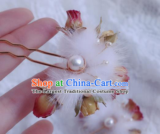 Chinese Handmade Flowers Hairpin Traditional Ming Dynasty Princess Fur Hair Stick