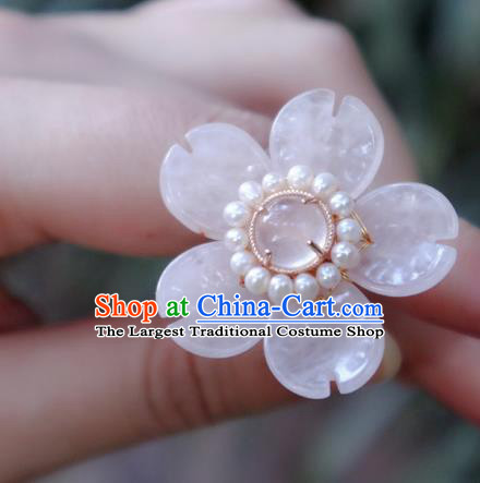 Chinese Handmade Rose Quartz Hairpin Traditional Ming Dynasty Princess Pearls Peach Blossom Hair Stick