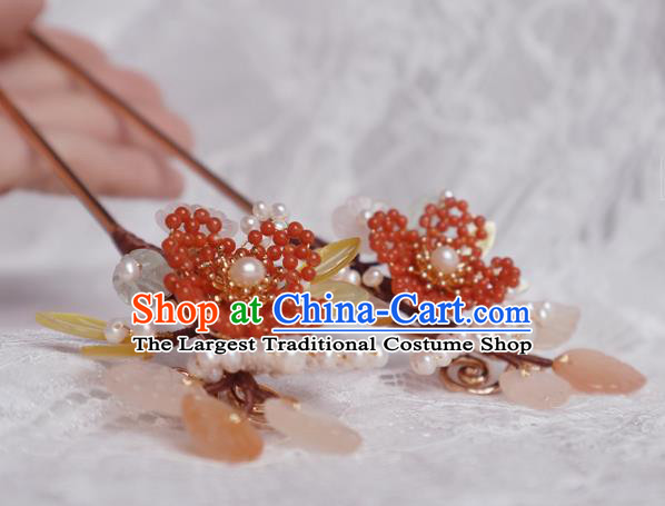 Chinese Handmade Red Beads Hairpin Traditional Ming Dynasty Princess Shell Leaf Hair Stick