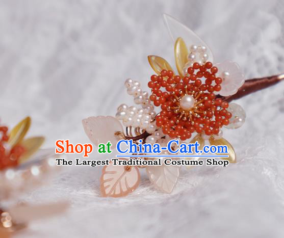 Chinese Handmade Red Beads Hairpin Traditional Ming Dynasty Princess Shell Leaf Hair Stick