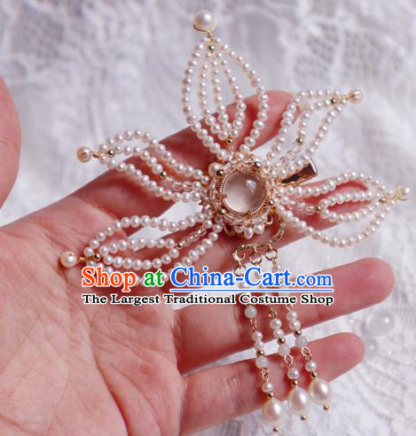 Chinese Handmade Tassel Hair Stick Traditional Ming Dynasty Princess Pearls Lotus Hair Claw