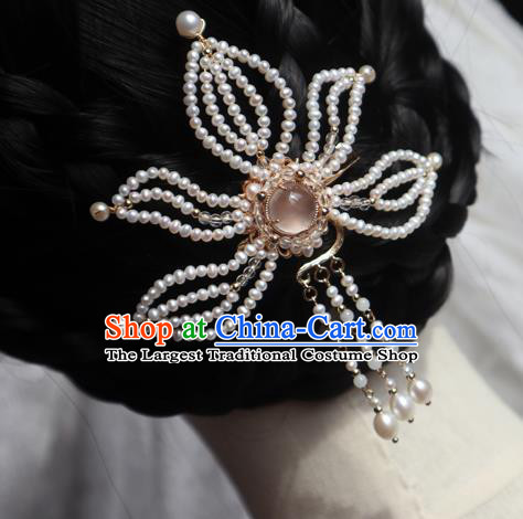 Chinese Handmade Tassel Hair Stick Traditional Ming Dynasty Princess Pearls Lotus Hair Claw