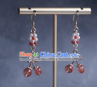 China Traditional Hanfu Crystal Earrings Ancient Ming Dynasty Princess Pink Beads Ear Jewelry