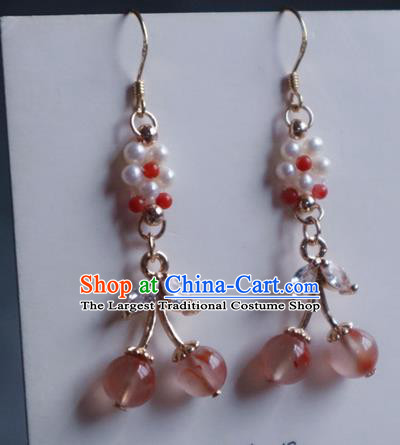 China Traditional Hanfu Crystal Earrings Ancient Ming Dynasty Princess Pink Beads Ear Jewelry