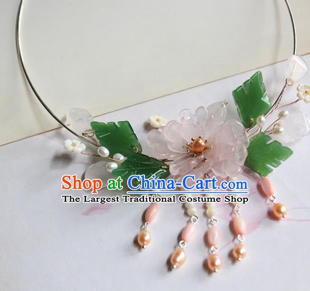 China Handmade Hanfu Peach Blossom Necklet Jewelry Traditional Ming Dynasty Rose Quartz Necklace Accessories