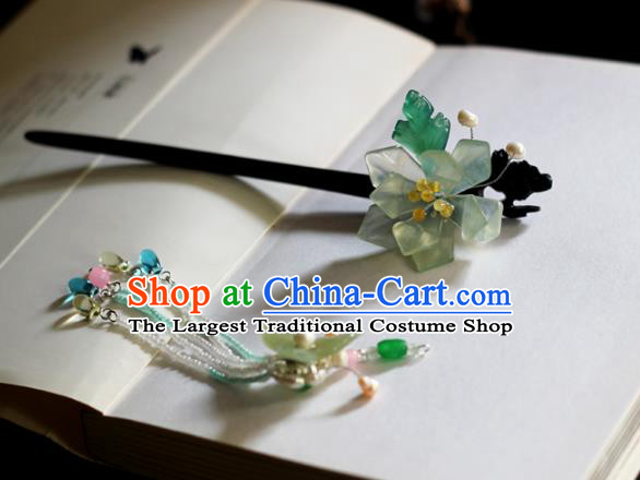 Chinese Handmade Ebony Hairpin Traditional Han Dynasty Princess Jade Mangnolia Tassel Hair Stick