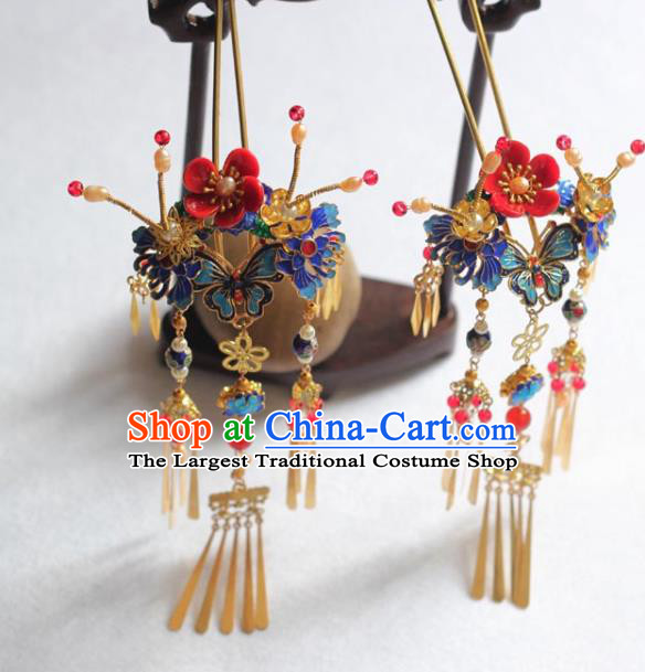 Chinese Handmade Red Plum Hairpin Traditional Ming Dynasty Princess Blueing Butterfly Hair Stick