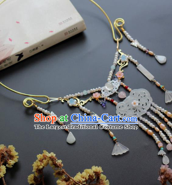 China Handmade Hanfu Jade Necklet Jewelry Traditional Ming Dynasty Pearls Tassel Longevity Lock Accessories