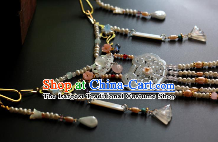 China Handmade Hanfu Jade Necklet Jewelry Traditional Ming Dynasty Pearls Tassel Longevity Lock Accessories