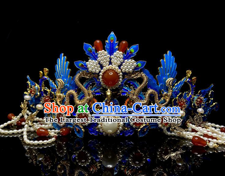 Chinese Handmade Blueing Phoenix Coronet Traditional Ming Dynasty Wedding Hair Accessories Full Set