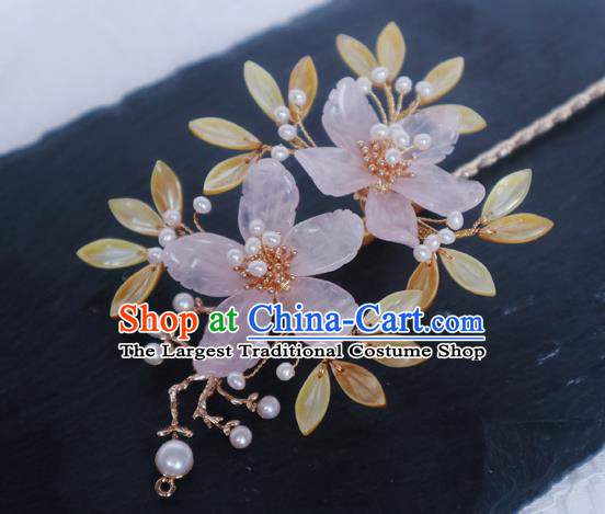 Chinese Handmade Shell Leaf Hair Stick Traditional Ming Dynasty Princess Peach Blossom Hairpin