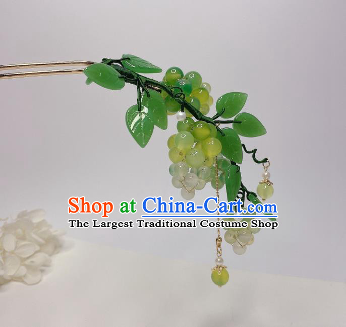Chinese Handmade Hanfu Green Beads Tassel Hairpin Traditional Ming Dynasty Princess Grape Hair Stick