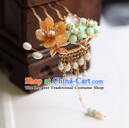 Chinese Handmade Plum Blossom Hair Comb Traditional Ming Dynasty Princess Pearls Tassel Hairpin