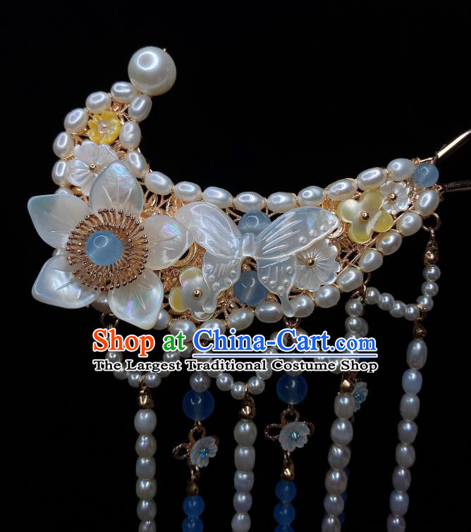 Chinese Handmade Pearls Tassel Hairpin Traditional Song Dynasty Princess Shell Hair Sticks