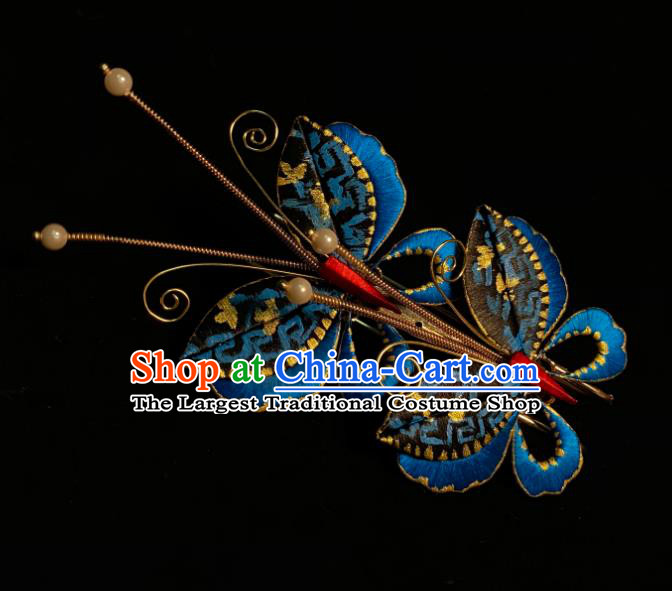 Chinese Handmade Blue Butterfly Hair Claw Traditional Ming Dynasty Princess Hairpin